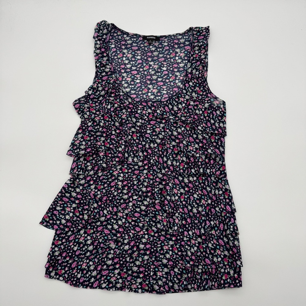 Express Womens Navy Blue Ditsy Floral Ruffle‎ Tiered Mesh Tank Top Large